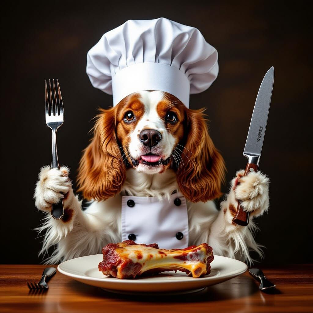Cocker Spaniel Chef with Beef Bone, Photorealistic Image