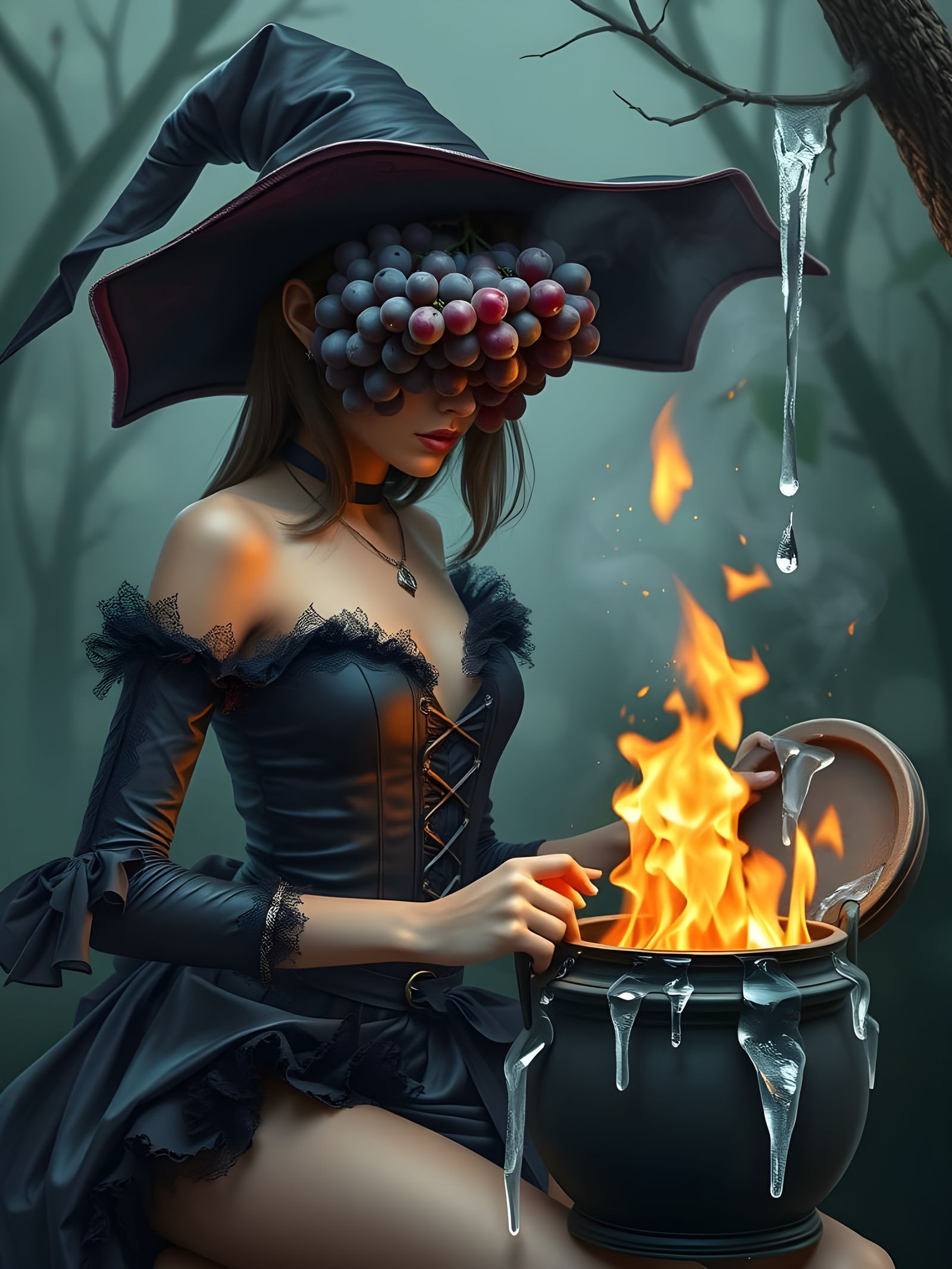 Surreal Witch Conjures Fire from Icy Water in Whimsical Wond...