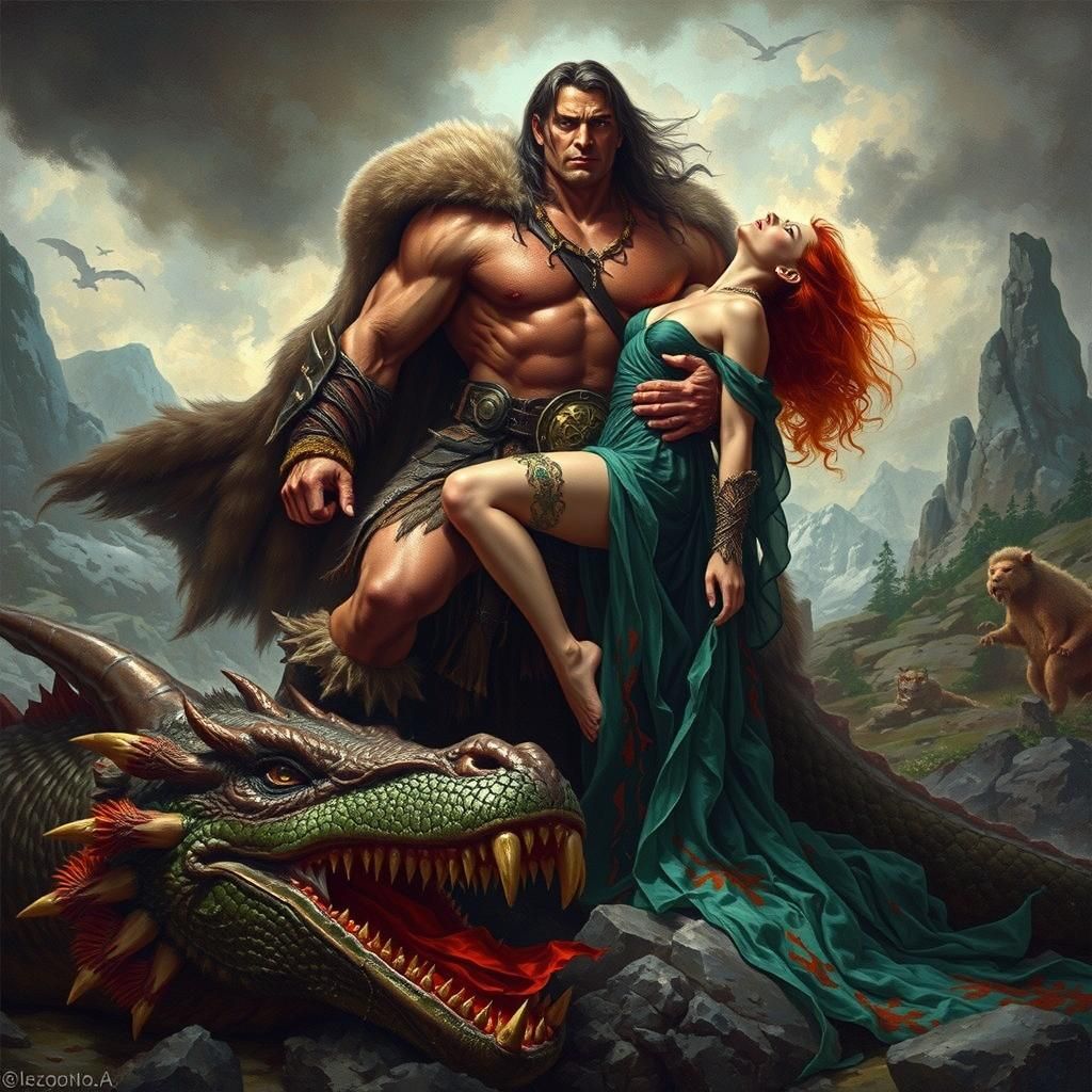Barbarian Warrior Triumphs Over Dragon in Epic Fantasy Scene