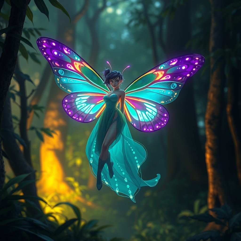 A bioluminescent femboybutterfly with intricate, glowing pat...