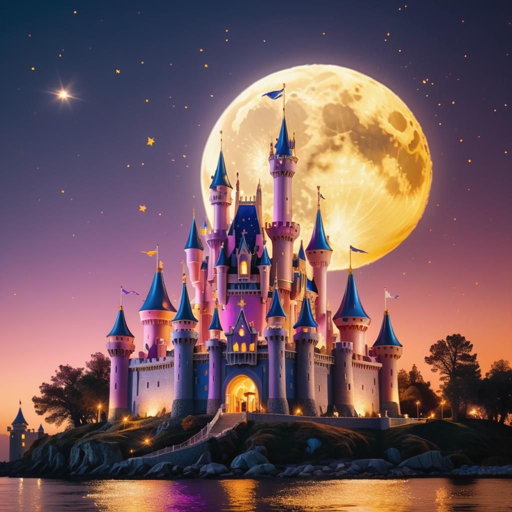 Majestic Castle Illuminated by a Vibrant Full Moon