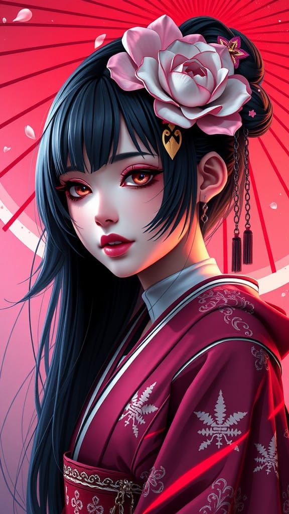 Ethereal Geisha in Sakura Bloom, Gothic Cartoon Portrait