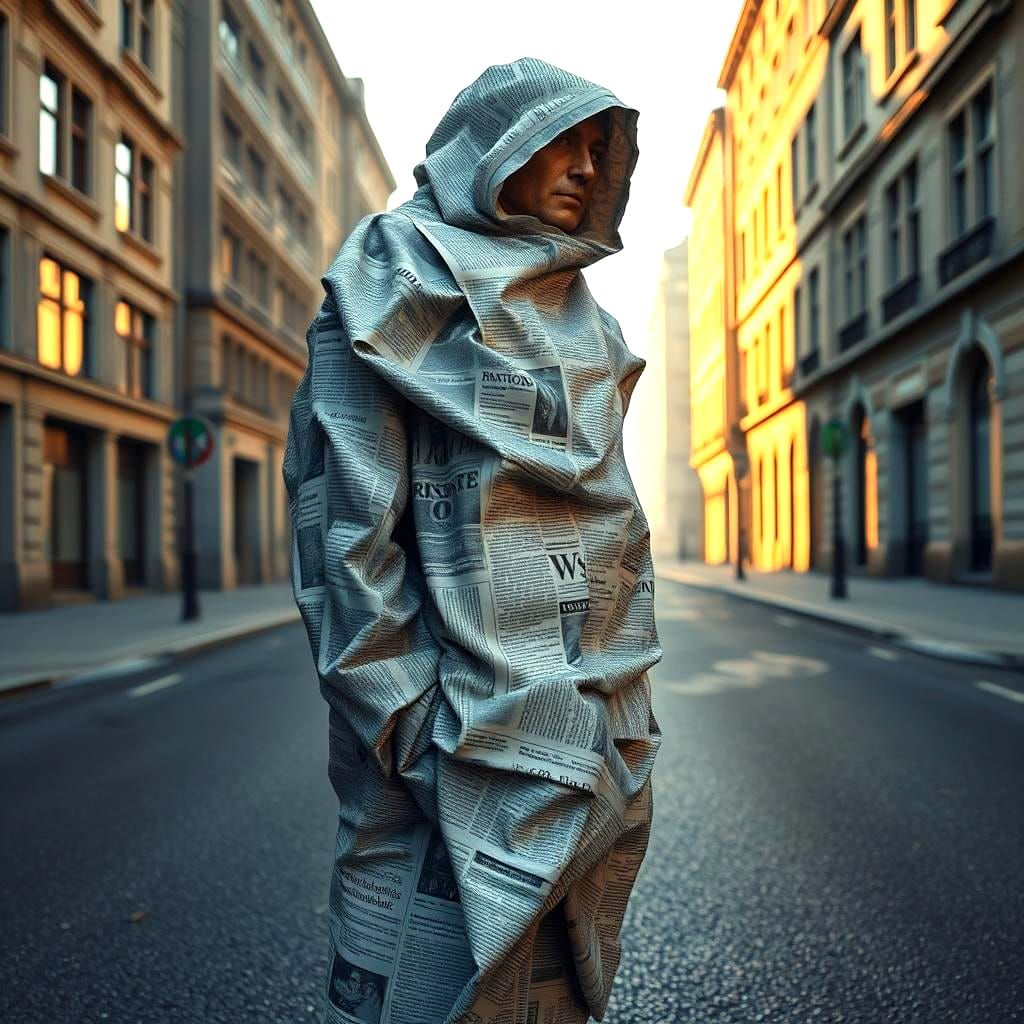 Man Wrapped in Newspaper: Surreal Digital Sculpture