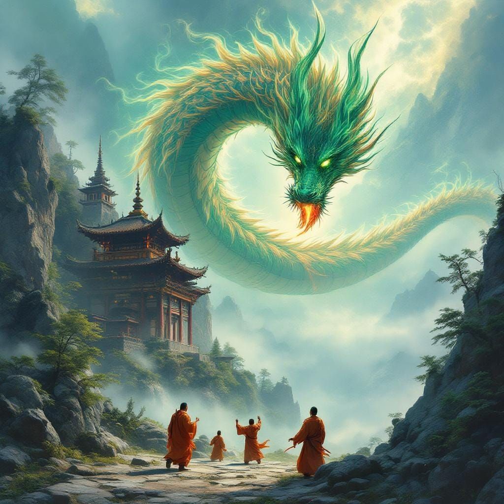 Mountain Monastery with Dragon in Fantasy Art Style