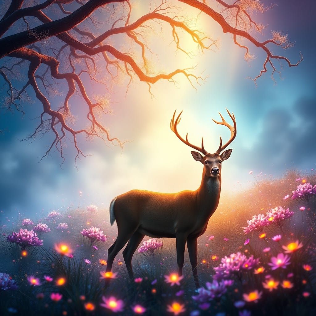 Ethereal Deer in Vibrant Wildflower Meadow