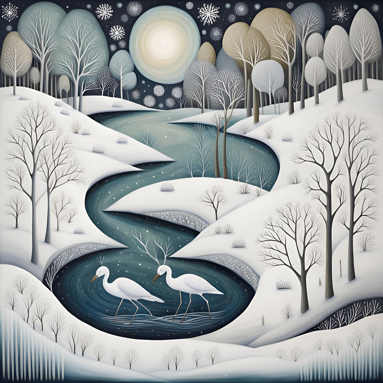 Snowy Riverscape in Art Brut Style