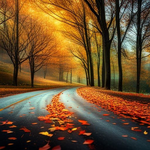 Autumn Leaves on Wet Road: 8k Concept Art