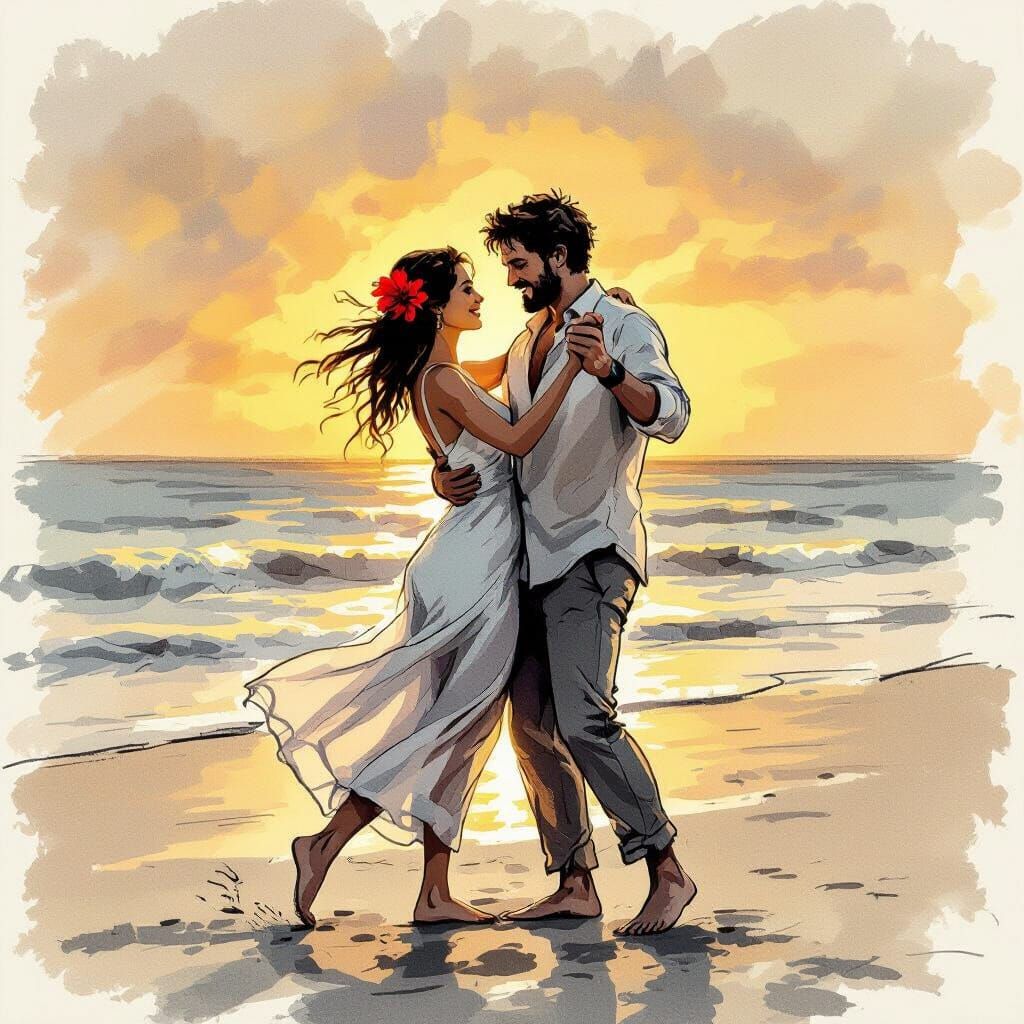 Barefoot Couple Dancing on Beach in Charcoal Sketch Style