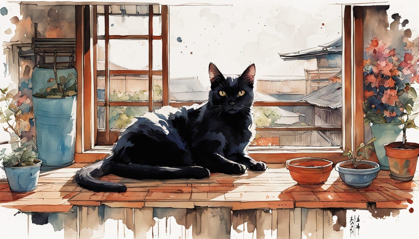 Black Cat Basking on Japanese Rooftop in Rustic Ink Splatter...