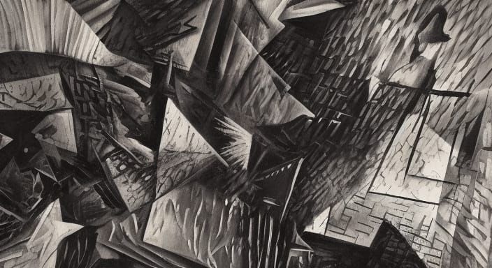 Monochrome Cubist Composition of Civilian Trauma