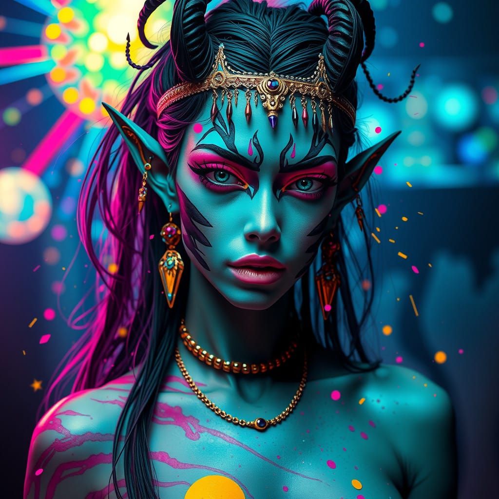 😍 EBONY SKIN ELF 🧝‍♀️ Drow Valkyrie WOMAN ♀️Discotheque 🪩 Psychedelic Splash Kaleidoscopic Colors. H.R. Giger Pablo P...