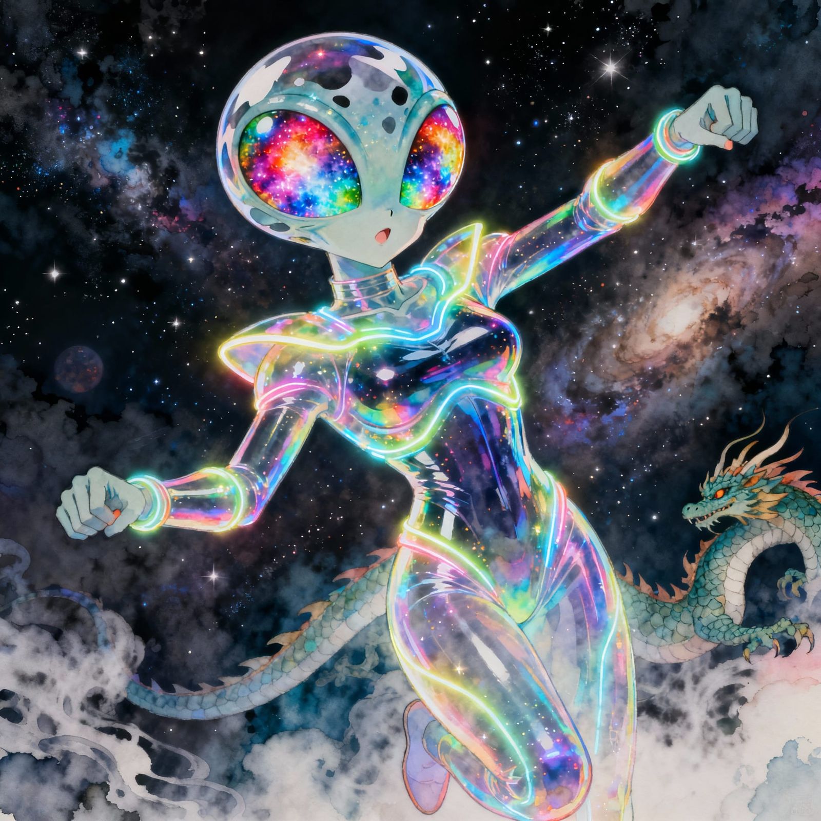 Holographic Alien Warrior in Cosmic Nebula