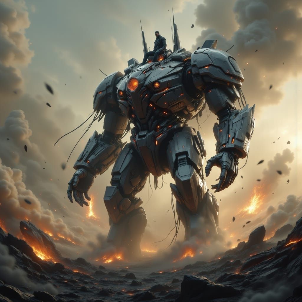 Mech Pilot Rests on Damaged Mech Amidst Artillery Barrage