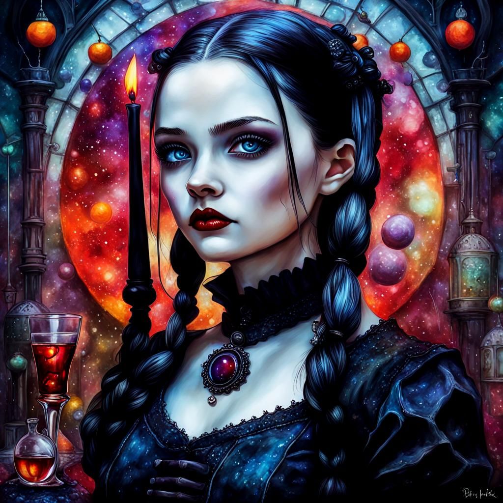 Biopunk Wednesday Addams with Alcohol Ink and Oil Accents