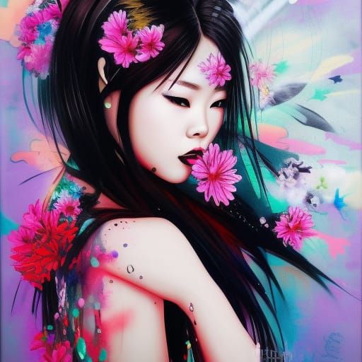 Chinese Woman in Graffiti Art Style with Flowers
