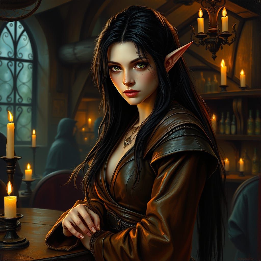 Elf Maiden in Candlelit Tavern: Dark Fantasy Art