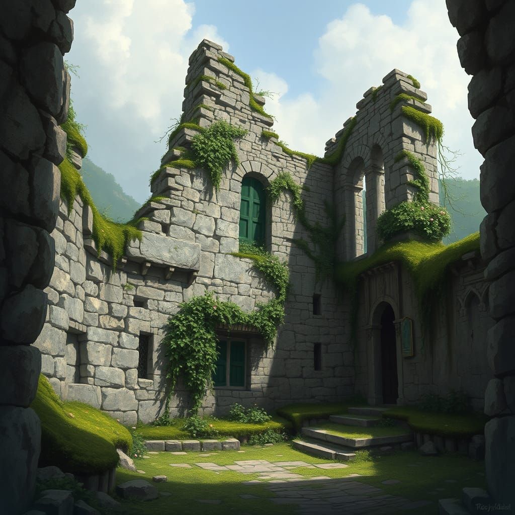 Anime Style Ancient Stone Ruins with Moss