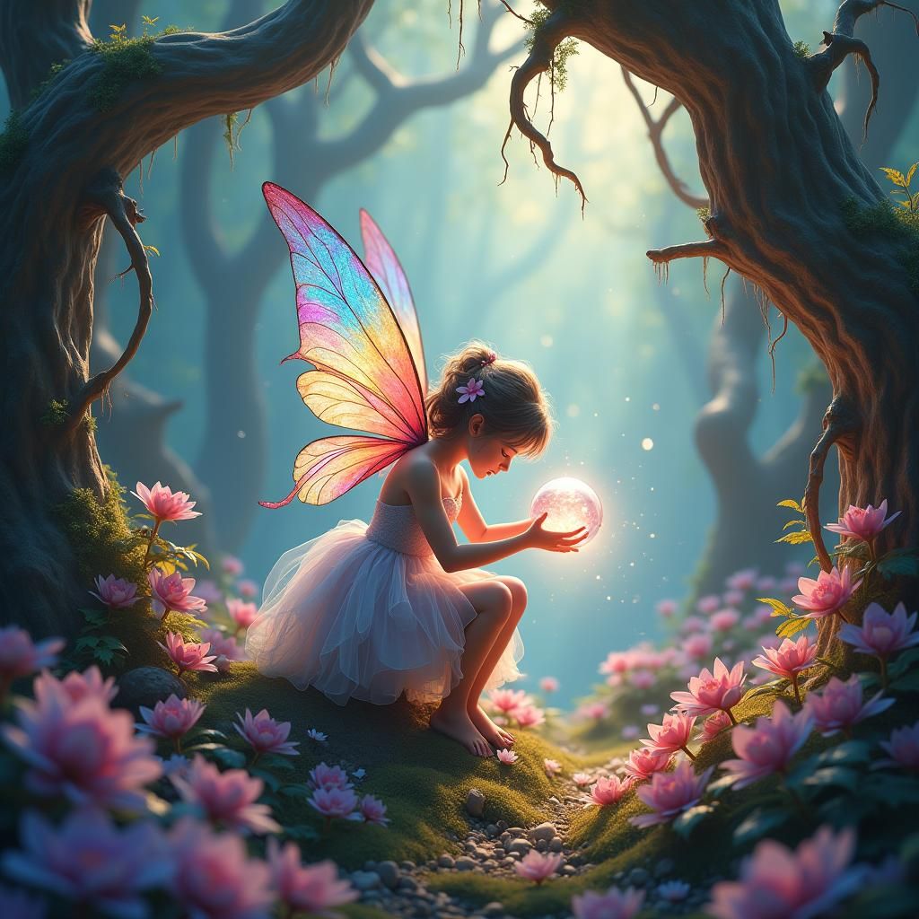 Luminous Fairy with Crystal Orb in Dreamscape