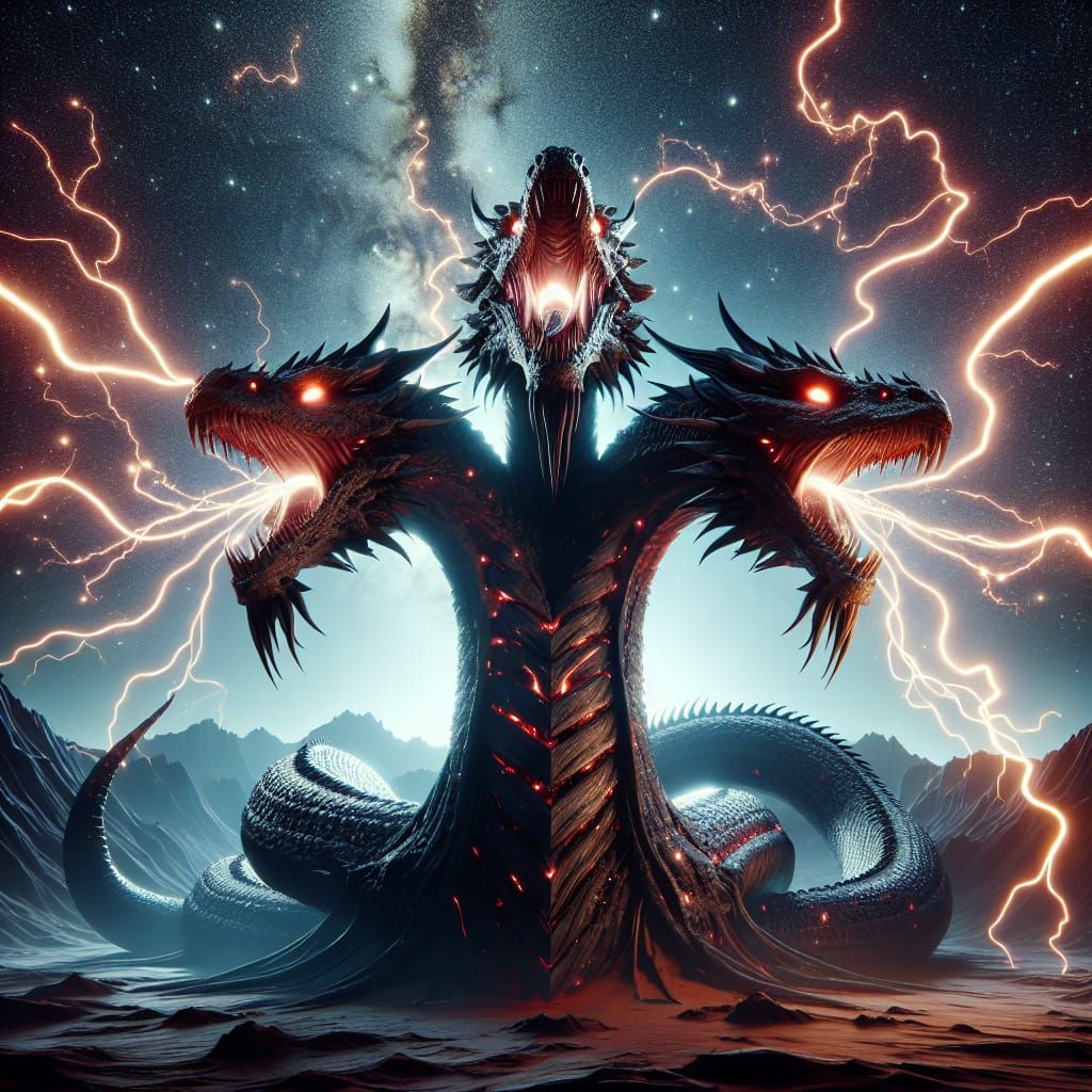 Terrifying Three-Headed Hydra Dragon in Sci-Fi Universe