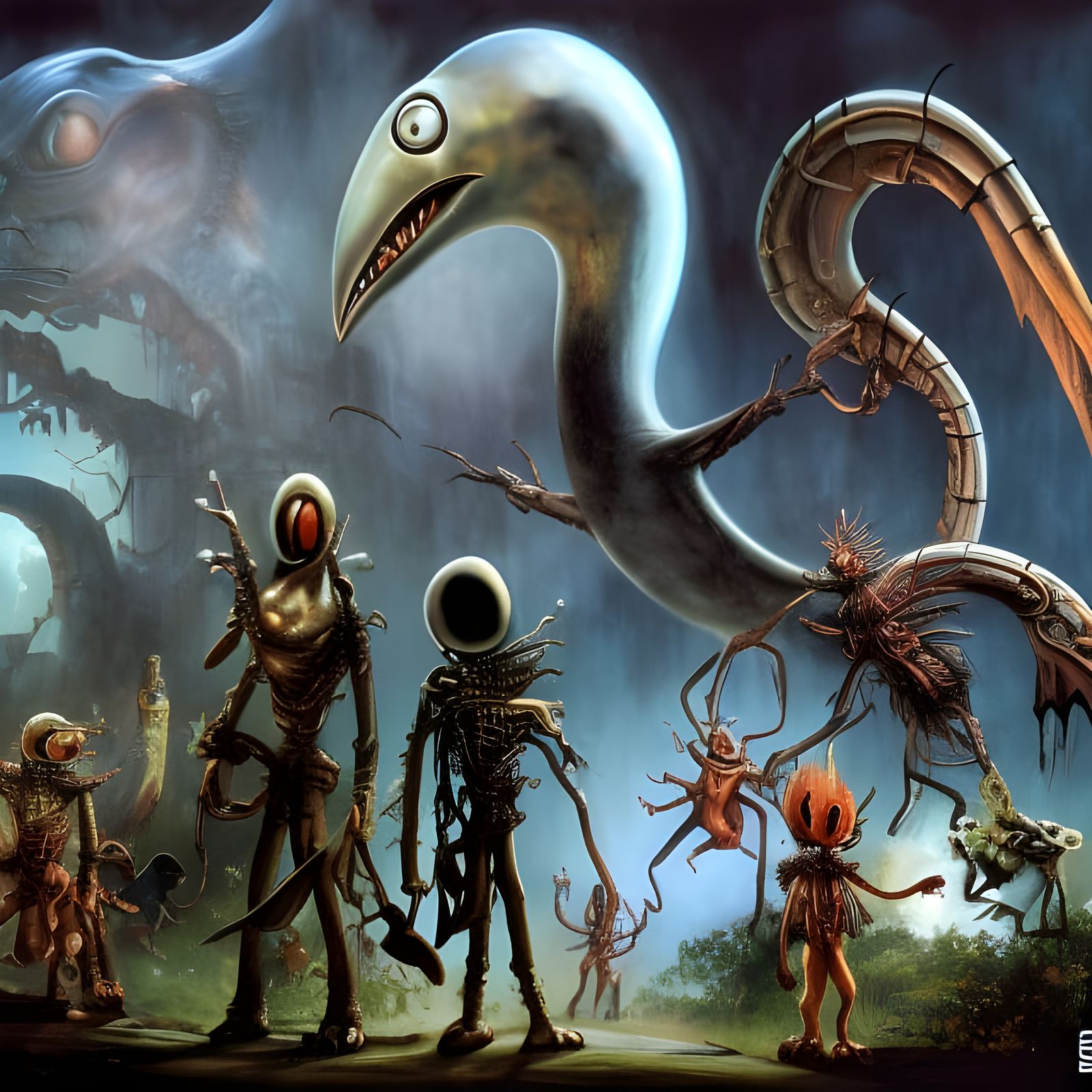 Surreal Cartoon Group in a Photorealistic Sci-Fi Scene