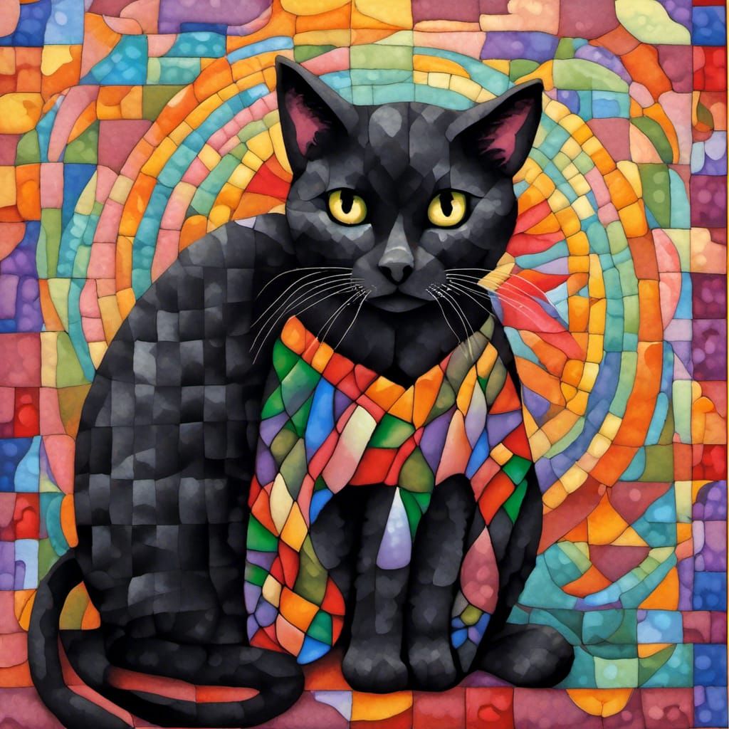 Black Cat and Toddler in Tapestry Style