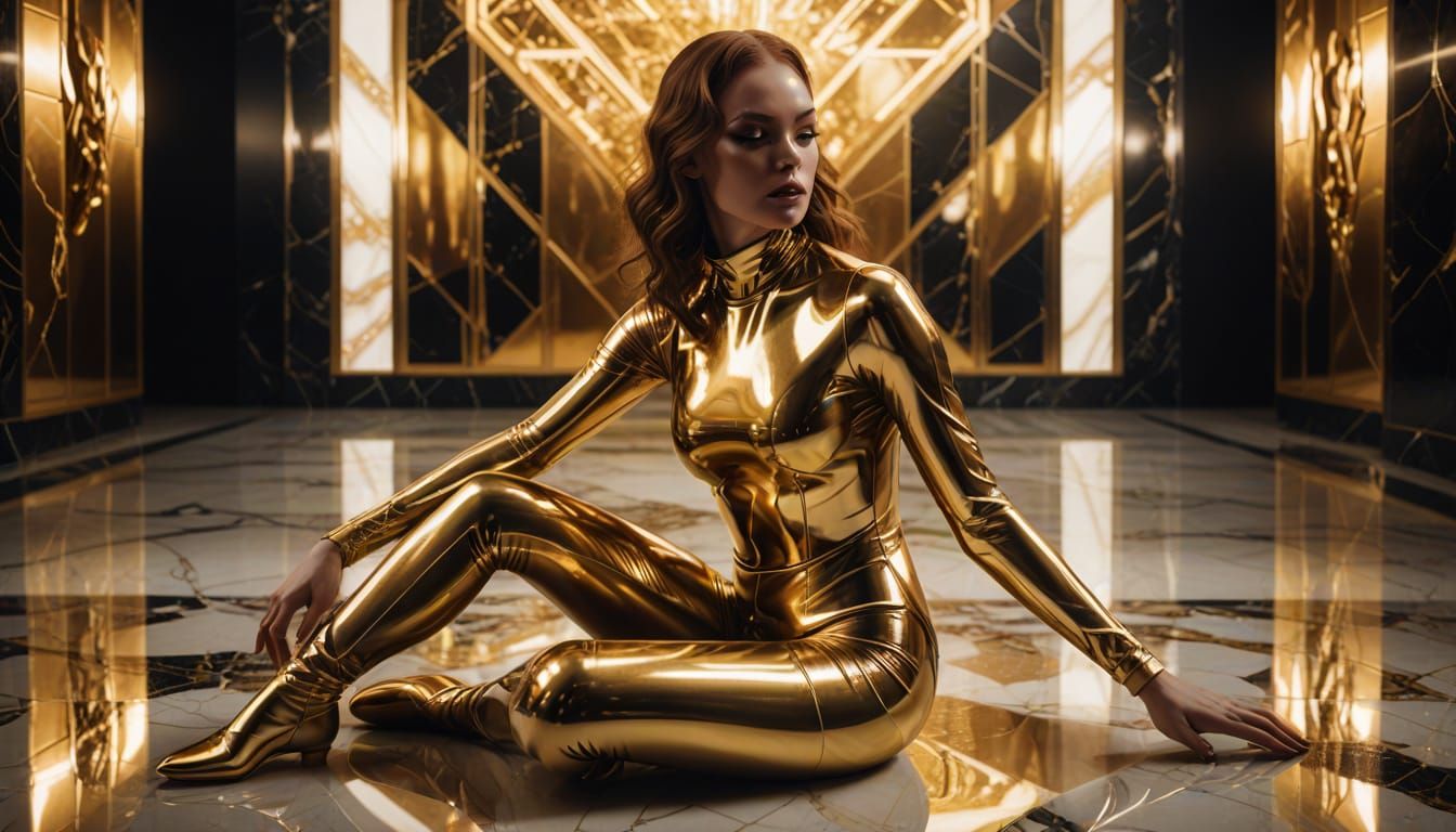Sci-Fi Fashion: Woman in Gold Latex Bodysuit