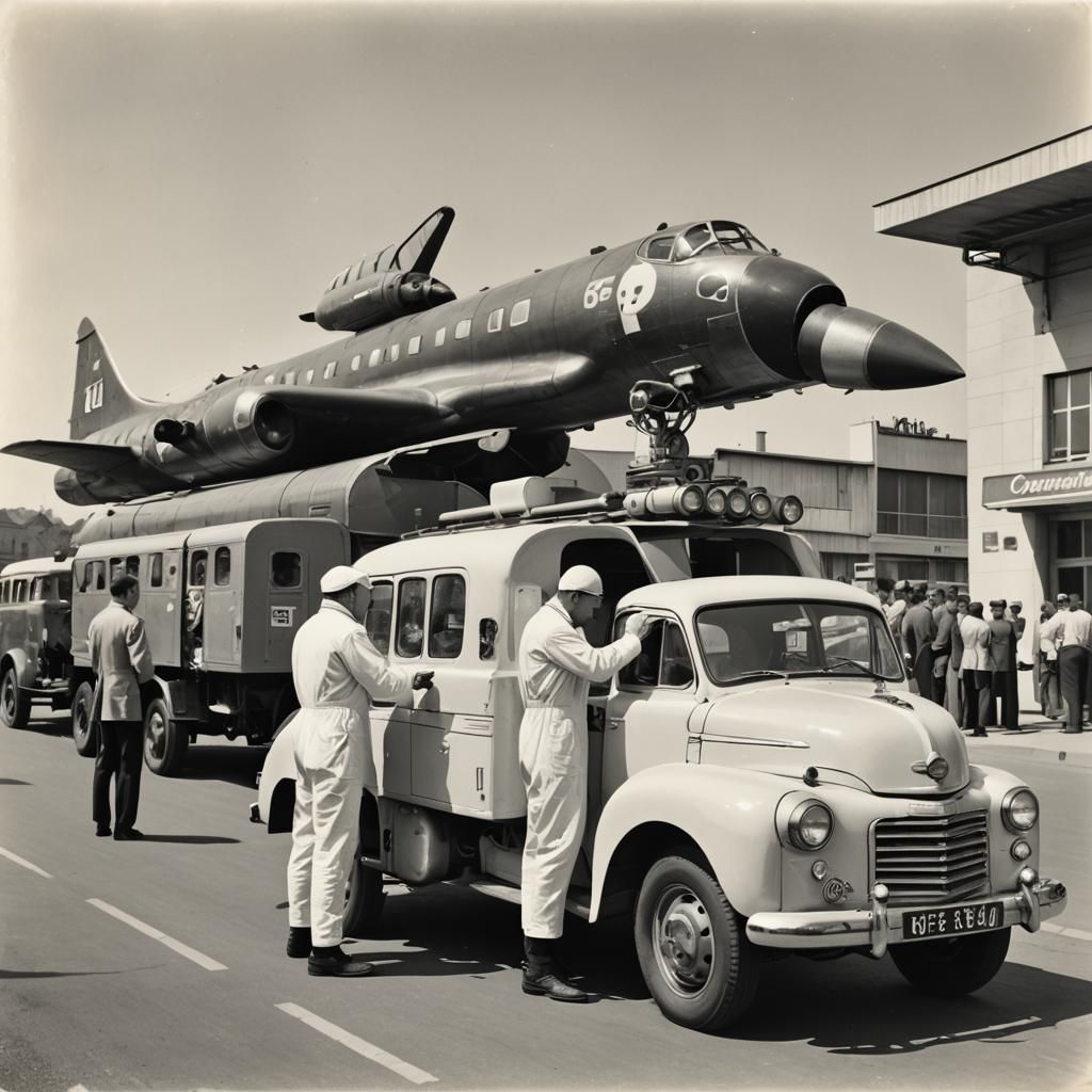 Retro Gas Station with Astronaut Fueling Spaceship