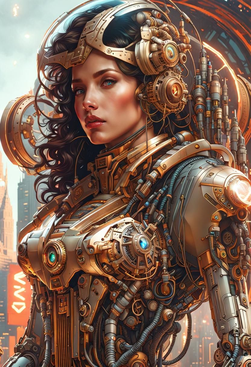 Futuristic Biomechanical Cyborg with Robotic Arm