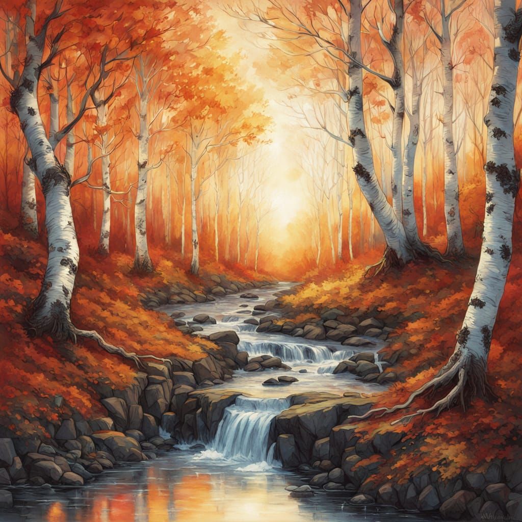 a beautiful narrow, forest of birch trees