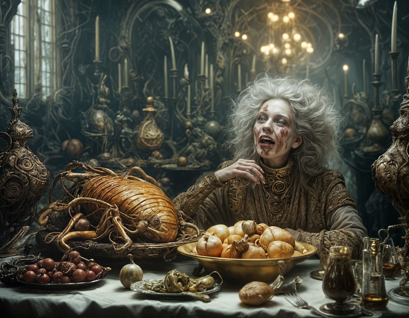 Bizarre Feast with Dreamlike Beings, Hyperrealistic Digital ...