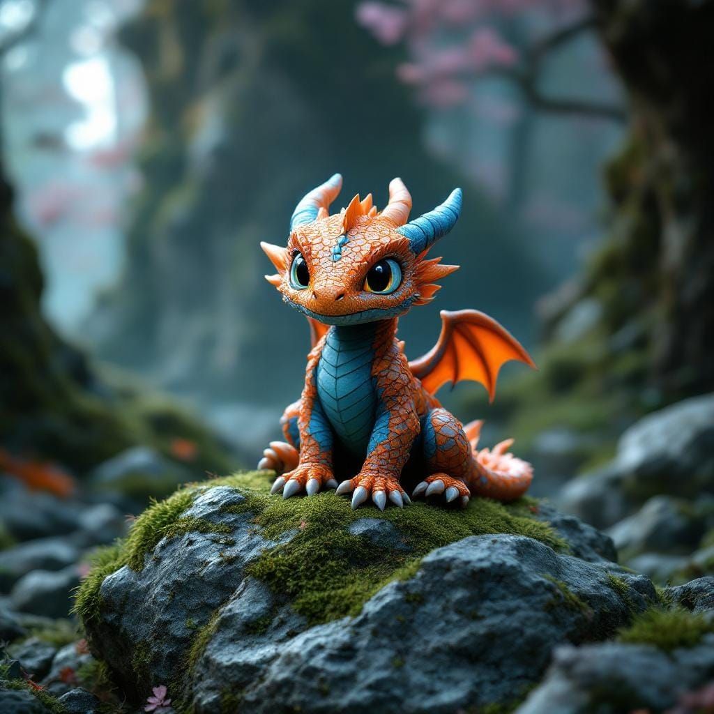 Mystical Baby Rock Dragon in Forest Scene