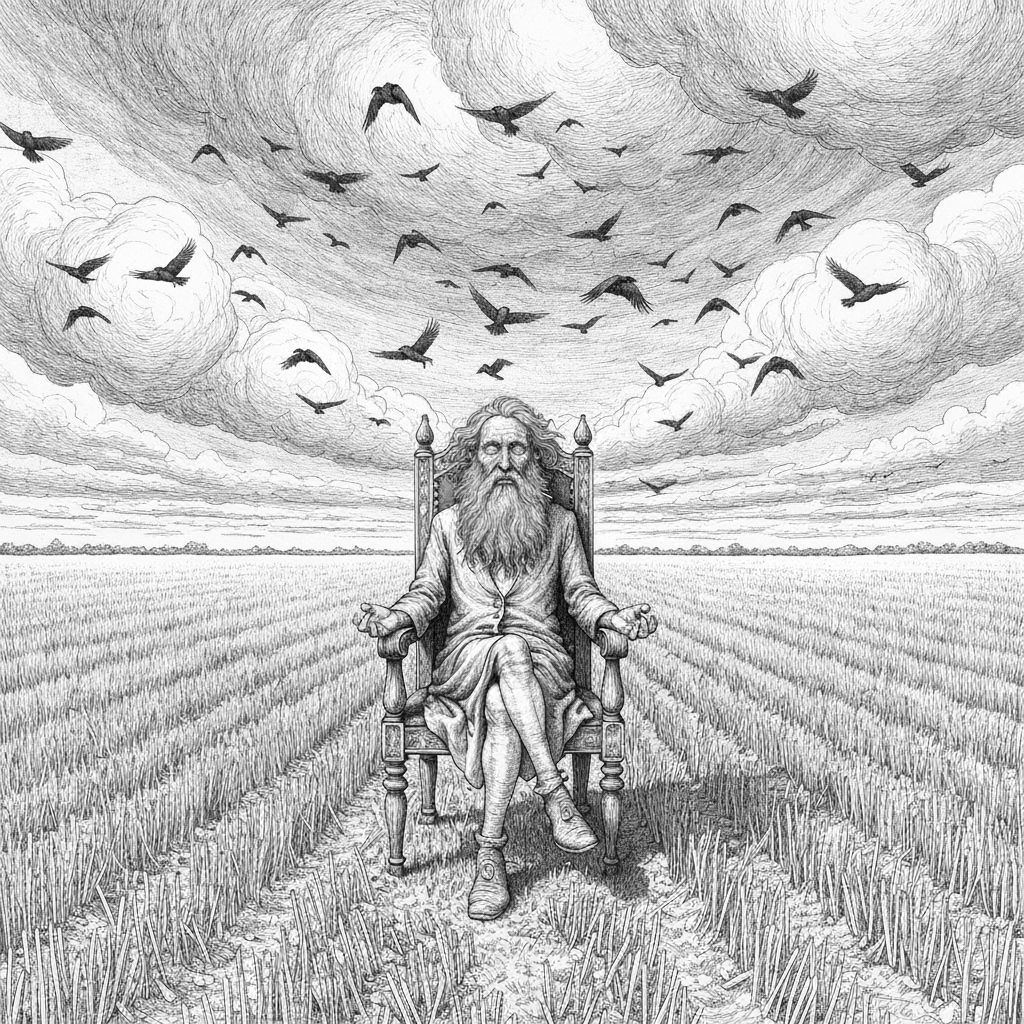 Mad Philosopher Meditating in Stubble Field with Crows