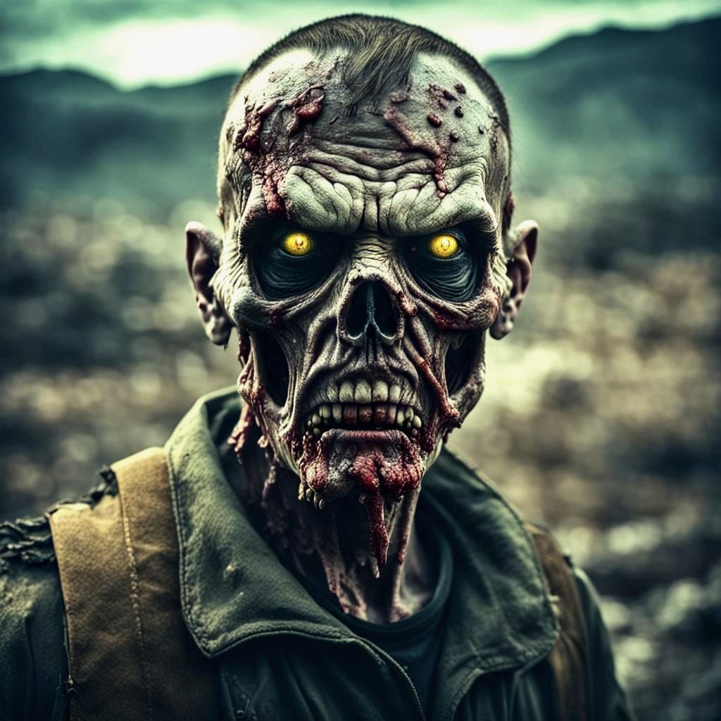 Cinematic Zombie Portrait in Apocalyptic Landscape