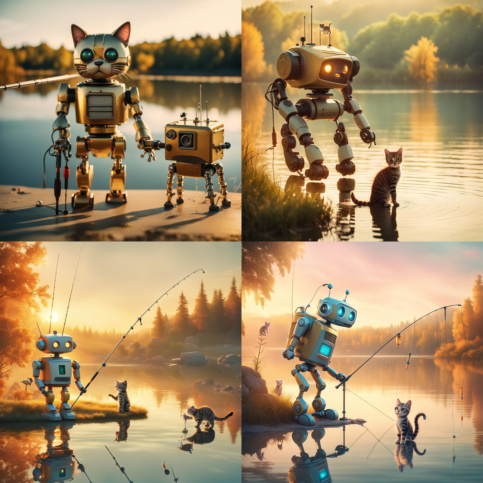 Robot and Kitten Fishing Adventure: Cinematic Film Still