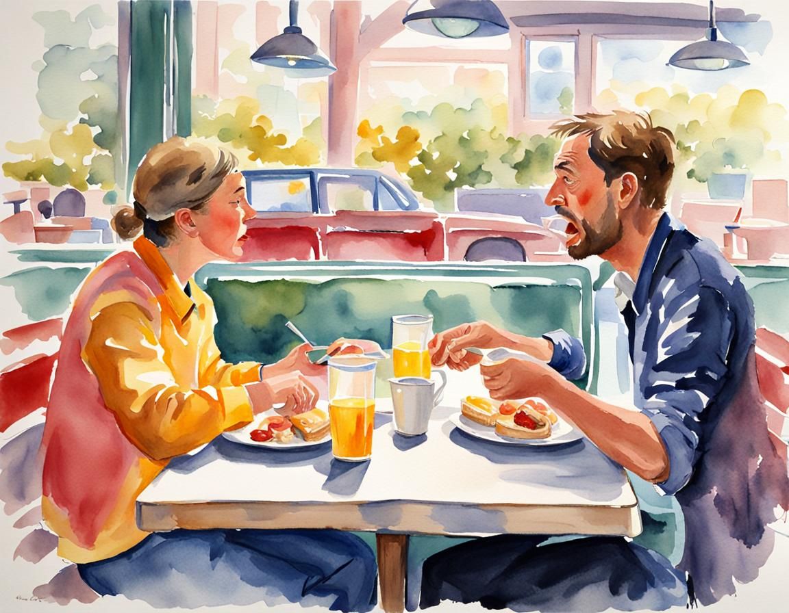 Argument at Diner in Pastel Watercolor