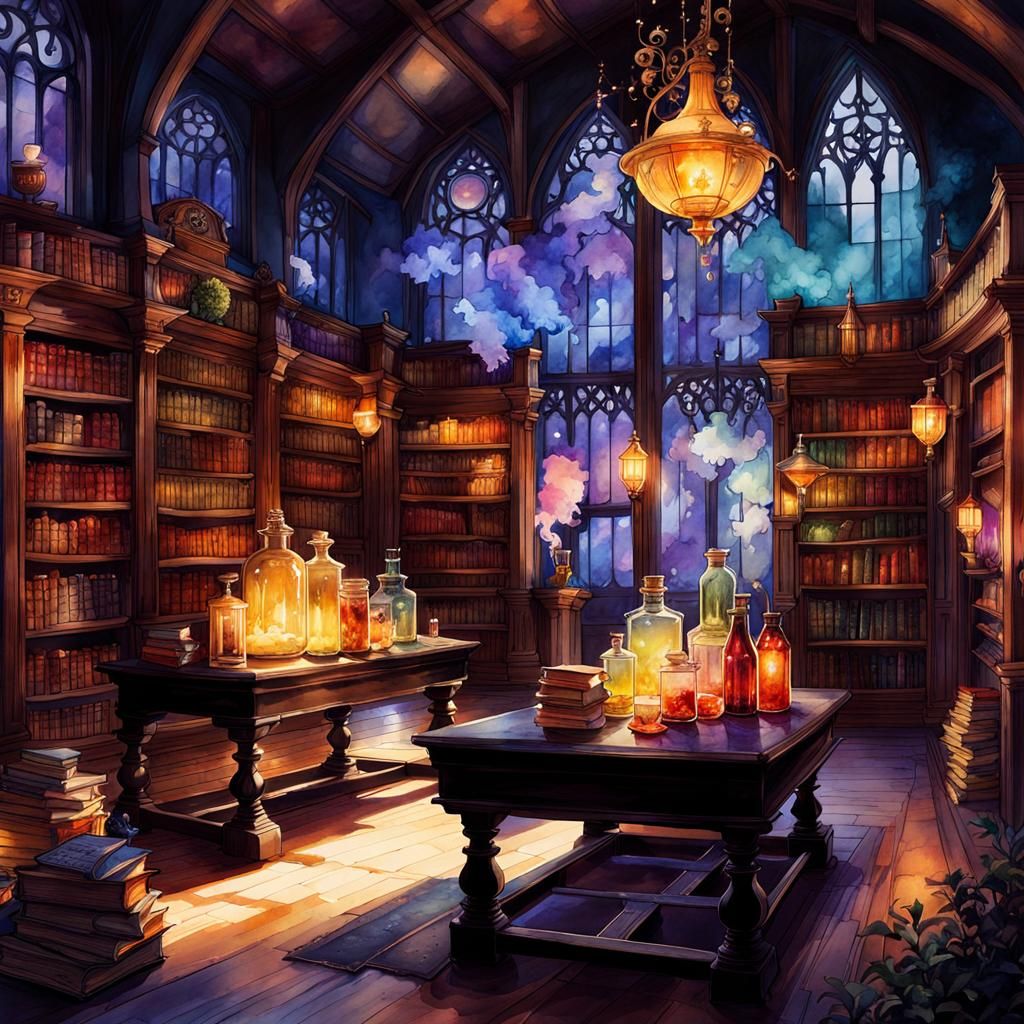 Detailed Magic School Library in Splash Art Style