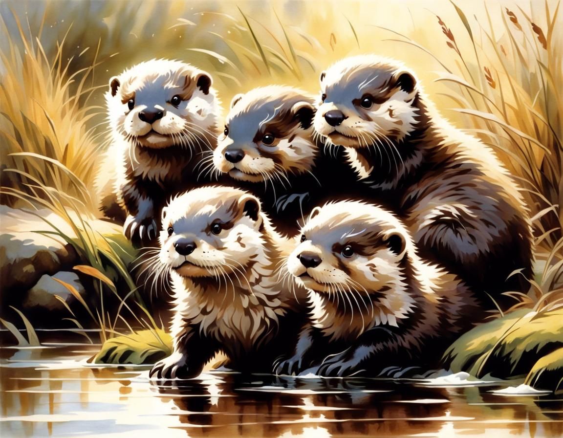 Otter Pups Playing: A Detailed Art Nouveau Painting