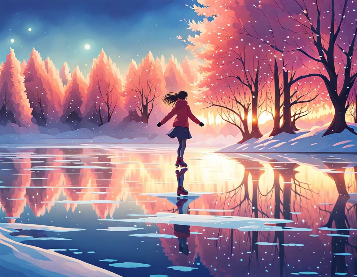 Anime Girl Ice Skating on Iced Lake