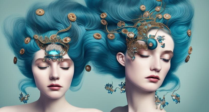 Teal Fractal Queen Portrait in Fine Art Style