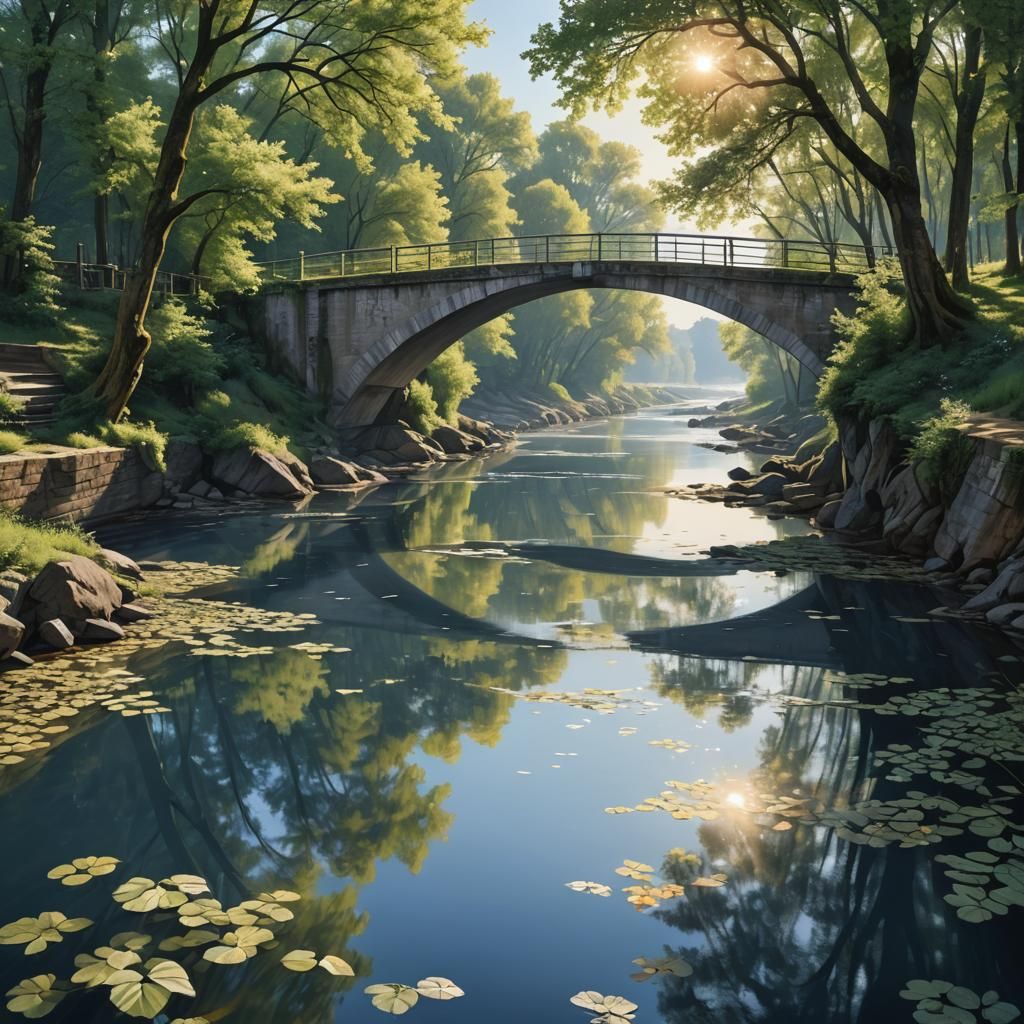 Summer Solitude: River Scene in Hyperrealistic Style