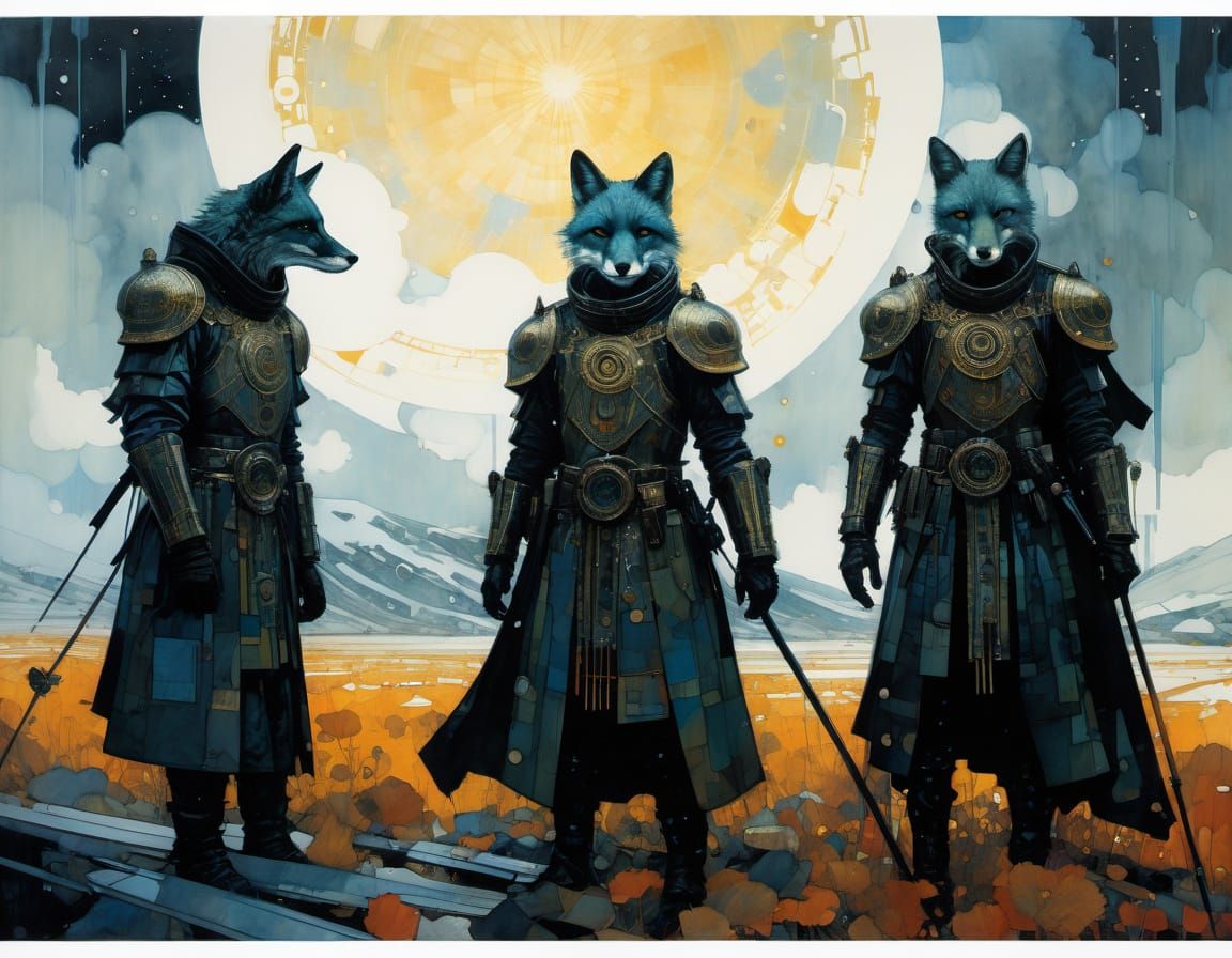 Armoured Foxes in Dreamy, Misty Atmosphere