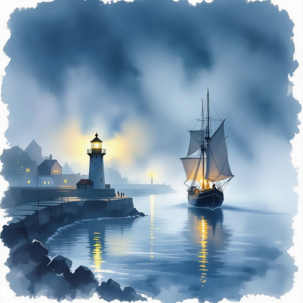 Foggy Seaside Harbor at Night in Watercolor