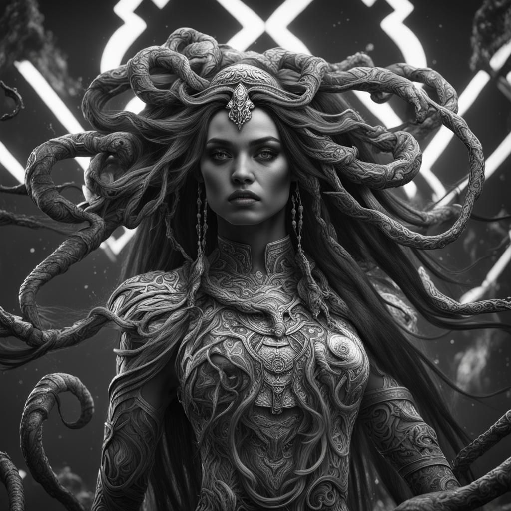 Scorpio Medusa: Detailed Black and White Fantasy Art