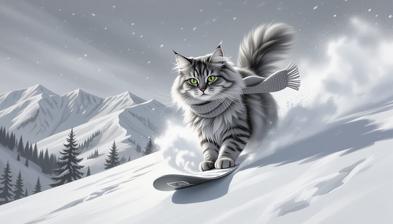 Fluffy Gray Cat Snowboarding Down Mountain