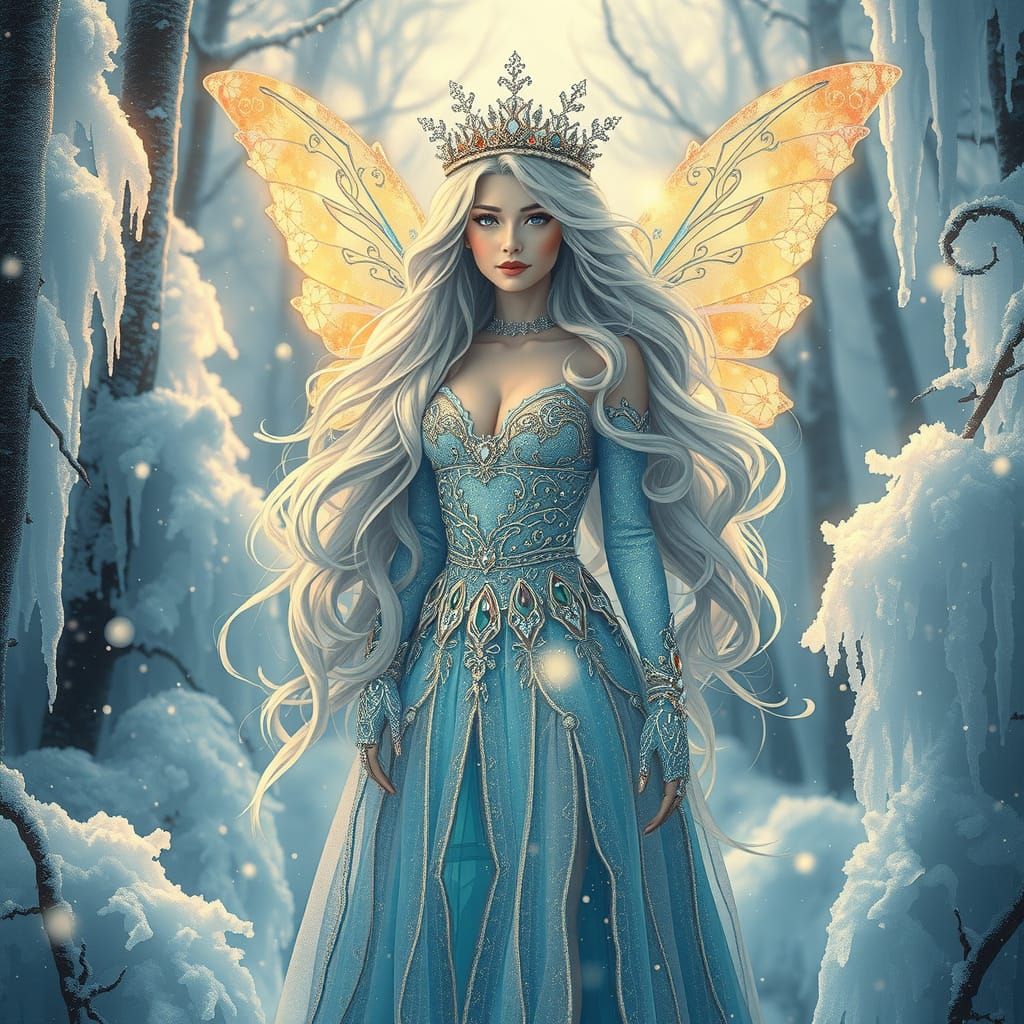 Winter Fairy Princess in Whimsical Ice Crystal Forest