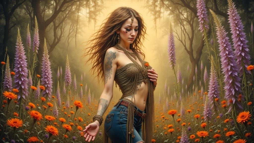 Person with Spiritual Beliefs in Golden Landscape