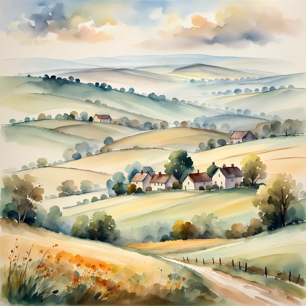 Idyllic English Countryside Watercolor Landscape
