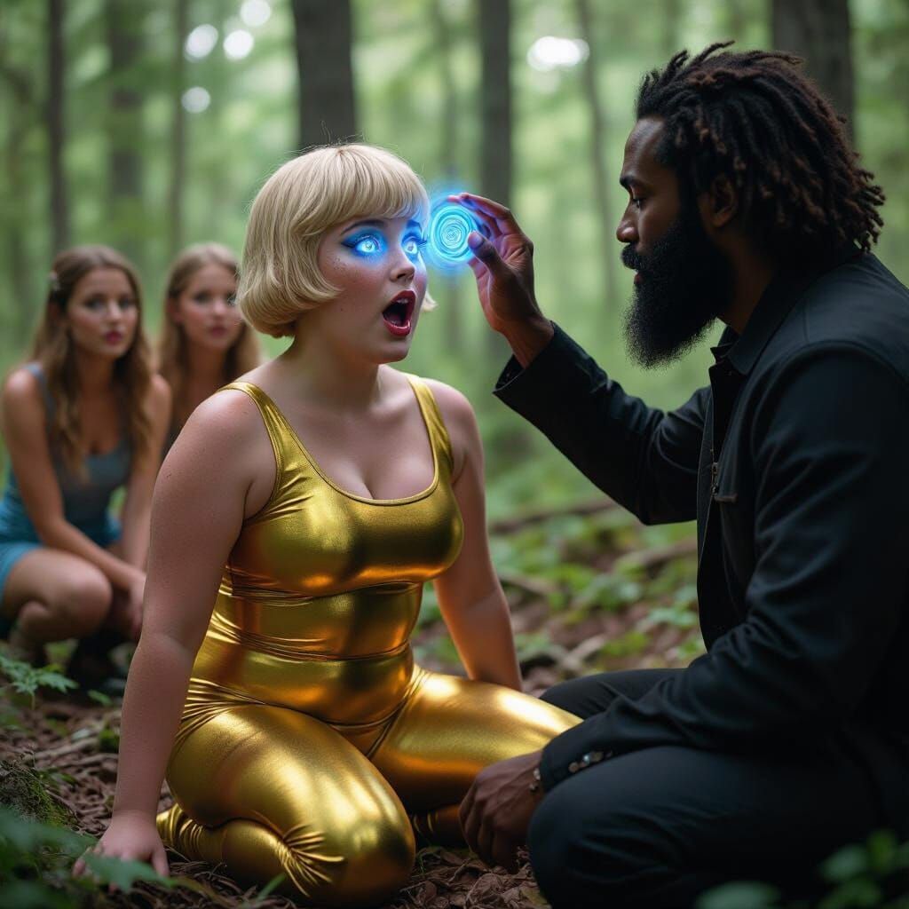 Girl in Gold Spandex in Mystical Forest