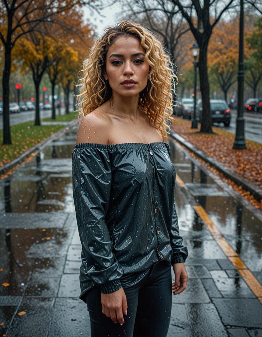 Vivid Digital Art of Mexican Woman in Rainy Park