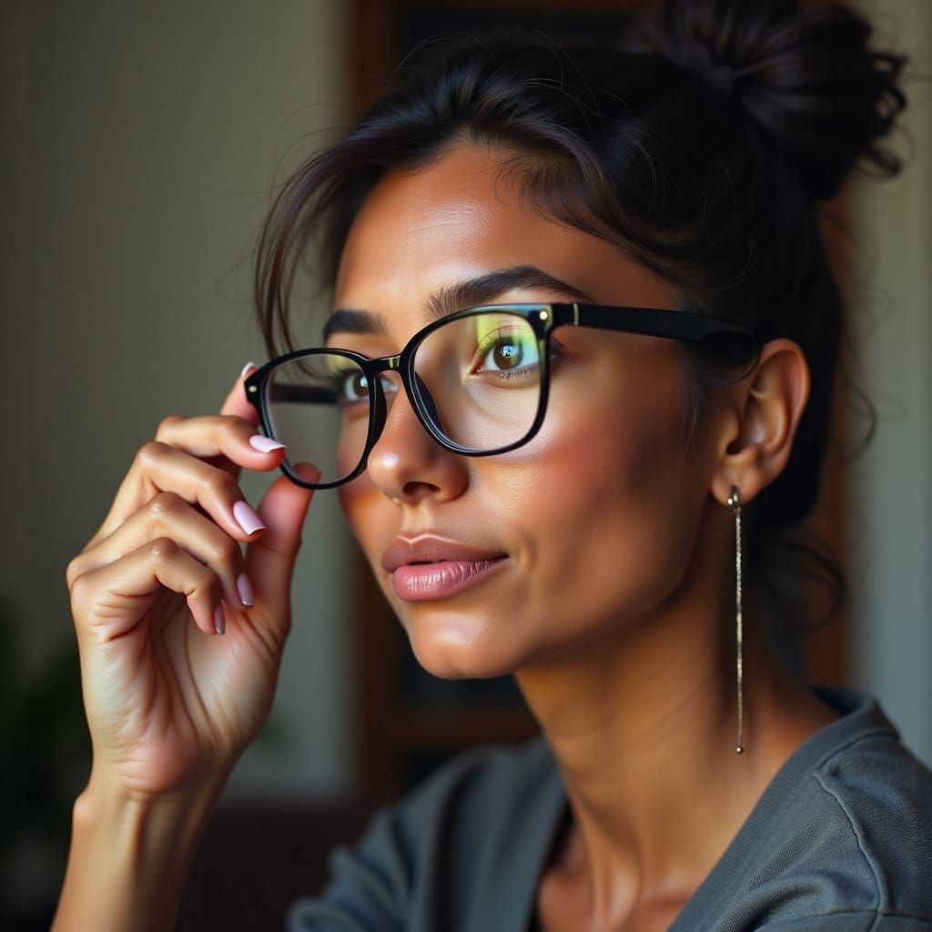 Contemplative Person Adjusting Glasses in Soft Light